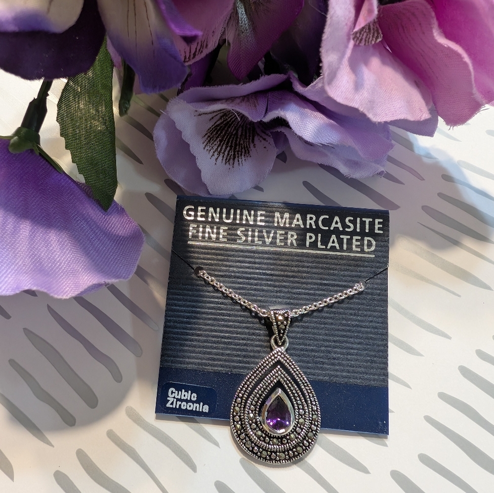 Genuine Marcasite Fine Silver Plated Amethyst Necklace NWT